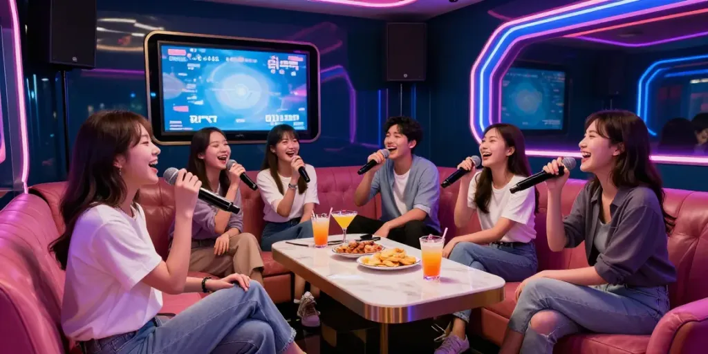 강남 달토에서 즐거운 노래와 함께하는 친구들, 화려한 인테리어와 조명 아래에서의 특별한 순간.