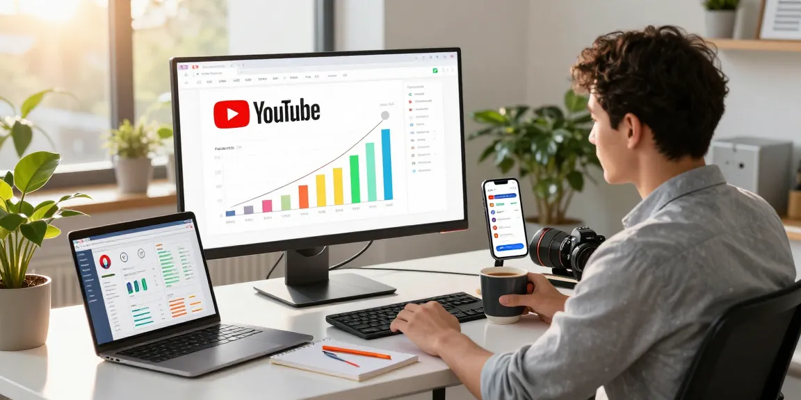 マーケターが現代的なワークスペースで活気あるチャートやメモを使ってYouTube再生回数購入のメトリクスを分析している。