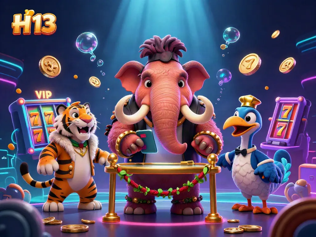 Experience a vibrant casino scene with H 13 featuring a woolly mammoth bouncer and lively slot reels.