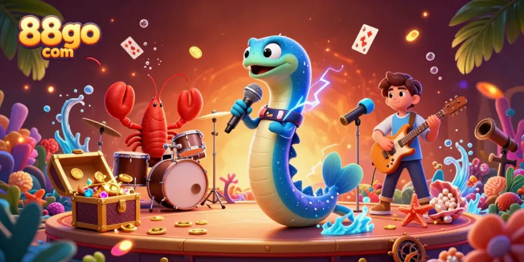 Experience the vibrant underwater charm of 88go com with an electric eel DJ surrounded by casino elements.